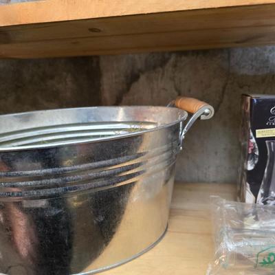 Large assortment of mostly ceramic garden pots, vases, with a new rain gauge and new Russco iii wind chime