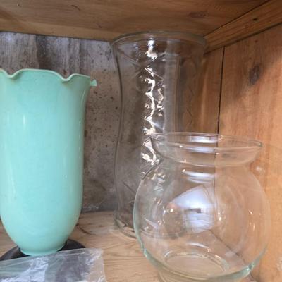 Large assortment of mostly ceramic garden pots, vases, with a new rain gauge and new Russco iii wind chime