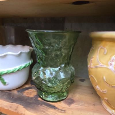 Large assortment of mostly ceramic garden pots, vases, with a new rain gauge and new Russco iii wind chime