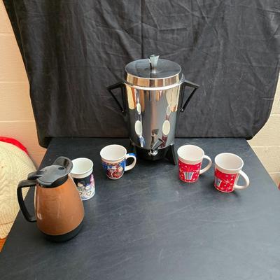 Vintage 30-cup party size Sunbeam coffee percolator, Model AP-Y & a Vtg Classic Carafe Insulated 36 oz with a collection of Christmas...