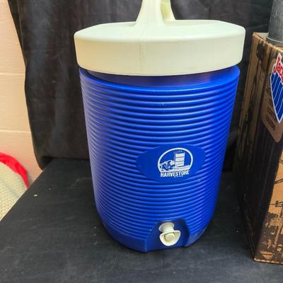 Two vintage Gott water coolers - 2 Gallon metal galvanized water cooler and a 2-gallon Gott blue plastic cooler