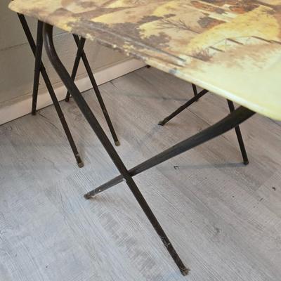 Vintage set of 3 complete fiberglass TV trays from the 1960s, featuring a rustic "Log Cabin" or country scene pattern likely...