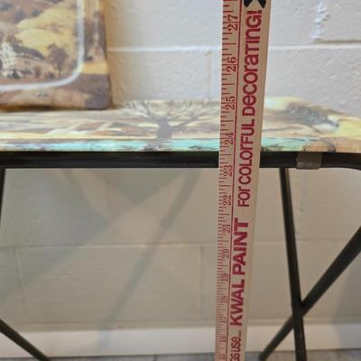 Vintage set of 3 complete fiberglass TV trays from the 1960s, featuring a rustic "Log Cabin" or country scene pattern likely...