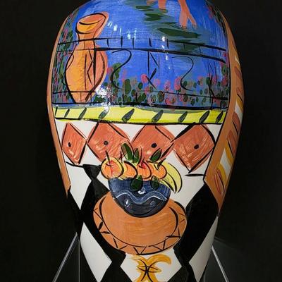 Sale Photo Thumbnail #78: Wildy vibrant contemporary ceramic art glass designed and crafted by artisans out of Accentrix studio in Los Angeles, CA. The vase measures 16"H x 10"W.