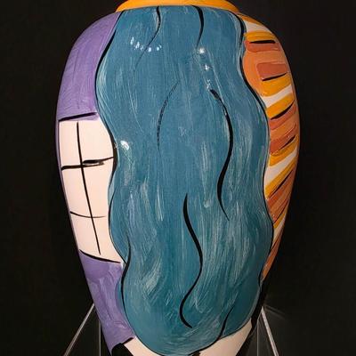 Sale Photo Thumbnail #79: Wildy vibrant contemporary ceramic art glass designed and crafted by artisans out of Accentrix studio in Los Angeles, CA. The vase measures 16"H x 10"W.