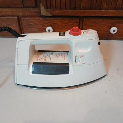 Time to do laundry!!Old metal Ironing board with hamper, laundry bag, Clothes iron, Lint brush and a Remington clothes dryer
