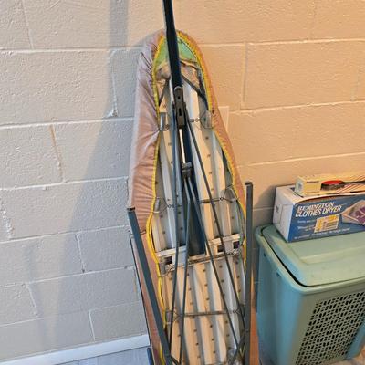 Time to do laundry!!Old metal Ironing board with hamper, laundry bag, Clothes iron, Lint brush and a Remington clothes dryer