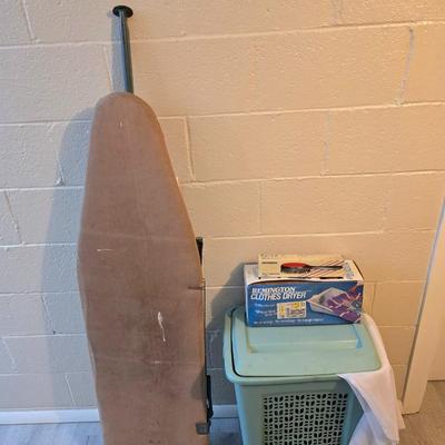 Time to do laundry!!Old metal Ironing board with hamper, laundry bag, Clothes iron, Lint brush and a Remington clothes dryer