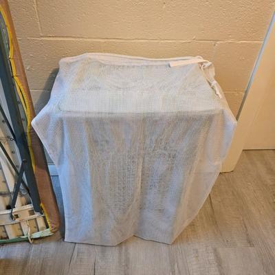 Time to do laundry!!Old metal Ironing board with hamper, laundry bag, Clothes iron, Lint brush and a Remington clothes dryer