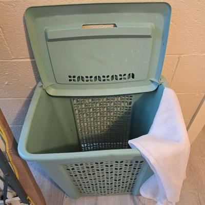 Time to do laundry!!Old metal Ironing board with hamper, laundry bag, Clothes iron, Lint brush and a Remington clothes dryer