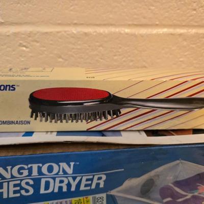 Time to do laundry!!Old metal Ironing board with hamper, laundry bag, Clothes iron, Lint brush and a Remington clothes dryer