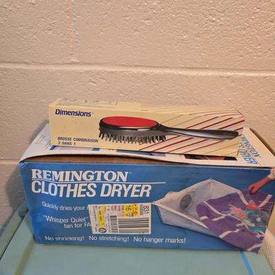 Time to do laundry!!Old metal Ironing board with hamper, laundry bag, Clothes iron, Lint brush and a Remington clothes dryer