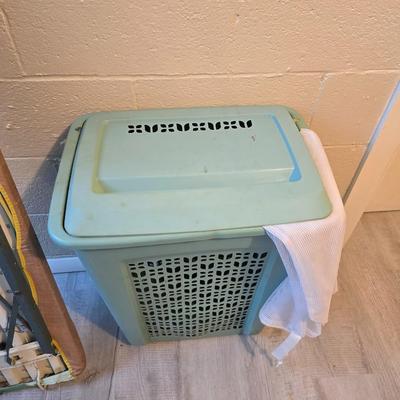 Time to do laundry!!Old metal Ironing board with hamper, laundry bag, Clothes iron, Lint brush and a Remington clothes dryer