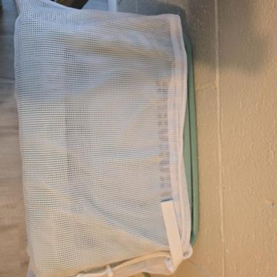 Time to do laundry!!Old metal Ironing board with hamper, laundry bag, Clothes iron, Lint brush and a Remington clothes dryer