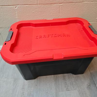 Craftsman storage tote, canvas Craftsman tool bag, red water coolers, and a 3 a day lunch cooler / bag
