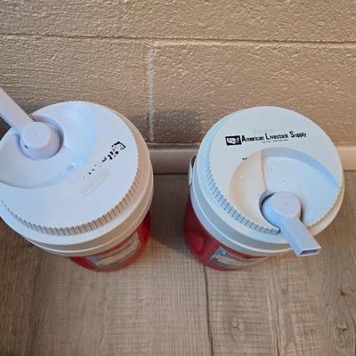 Craftsman storage tote, canvas Craftsman tool bag, red water coolers, and a 3 a day lunch cooler / bag