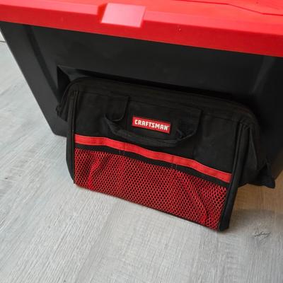 Craftsman storage tote, canvas Craftsman tool bag, red water coolers, and a 3 a day lunch cooler / bag