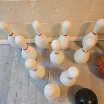 Sports are great fun! Basketball - plastic bowling pins with ball - Vintage T.A. Davis wooden tennis racket-Renewa Grip Exerciser Circular
