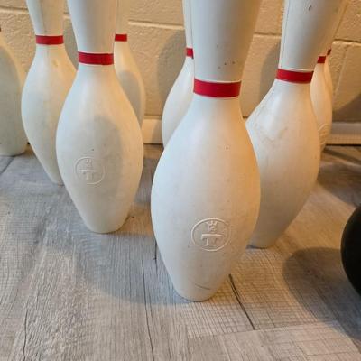 Sports are great fun! Basketball - plastic bowling pins with ball - Vintage T.A. Davis wooden tennis racket-Renewa Grip Exerciser Circular