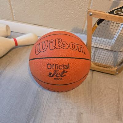 Sports are great fun! Basketball - plastic bowling pins with ball - Vintage T.A. Davis wooden tennis racket-Renewa Grip Exerciser Circular