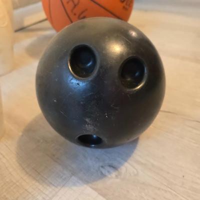 Sports are great fun! Basketball - plastic bowling pins with ball - Vintage T.A. Davis wooden tennis racket-Renewa Grip Exerciser Circular