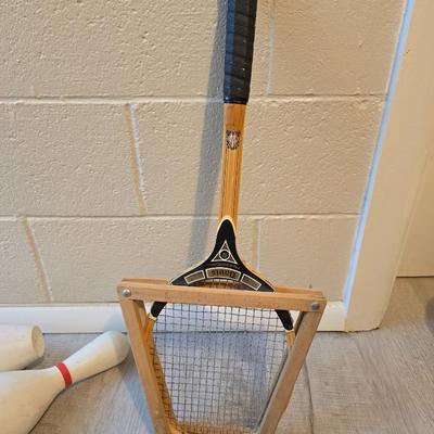 Sports are great fun! Basketball - plastic bowling pins with ball - Vintage T.A. Davis wooden tennis racket-Renewa Grip Exerciser Circular