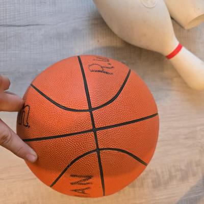 Sports are great fun! Basketball - plastic bowling pins with ball - Vintage T.A. Davis wooden tennis racket-Renewa Grip Exerciser Circular