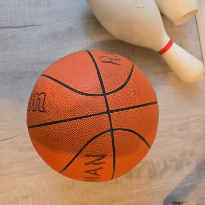 Sports are great fun! Basketball - plastic bowling pins with ball - Vintage T.A. Davis wooden tennis racket-Renewa Grip Exerciser Circular