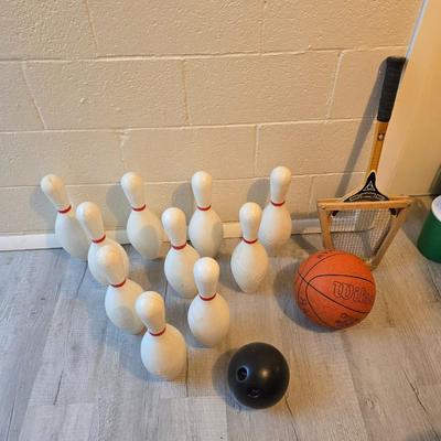 Sports are great fun! Basketball - plastic bowling pins with ball - Vintage T.A. Davis wooden tennis racket-Renewa Grip Exerciser Circular