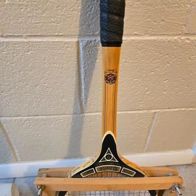 Sports are great fun! Basketball - plastic bowling pins with ball - Vintage T.A. Davis wooden tennis racket-Renewa Grip Exerciser Circular