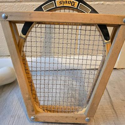 Sports are great fun! Basketball - plastic bowling pins with ball - Vintage T.A. Davis wooden tennis racket-Renewa Grip Exerciser Circular