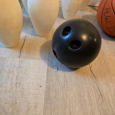 Sports are great fun! Basketball - plastic bowling pins with ball - Vintage T.A. Davis wooden tennis racket-Renewa Grip Exerciser Circular