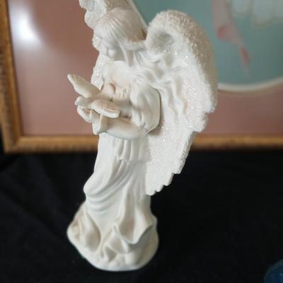 Framed cross stitch Angel with collection of Angel figures