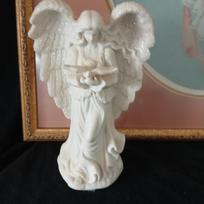 Framed cross stitch Angel with collection of Angel figures