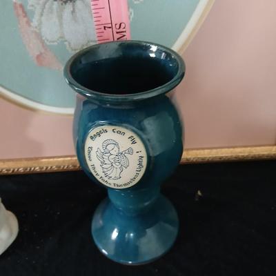 Framed cross stitch Angel with collection of Angel figures