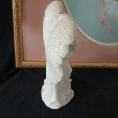Framed cross stitch Angel with collection of Angel figures