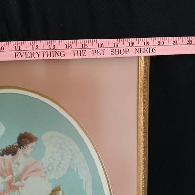 Framed cross stitch Angel with collection of Angel figures