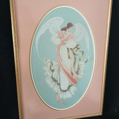 Framed cross stitch Angel with collection of Angel figures