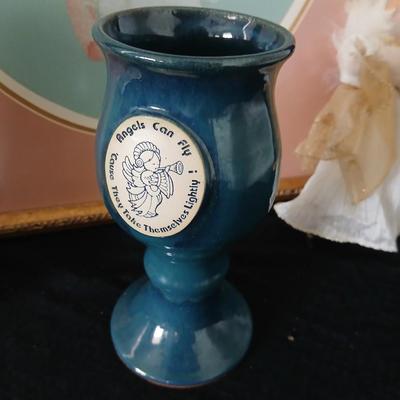 Framed cross stitch Angel with collection of Angel figures