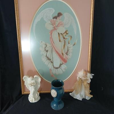 Framed cross stitch Angel with collection of Angel figures
