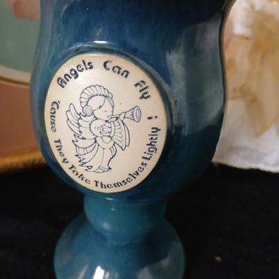 Framed cross stitch Angel with collection of Angel figures