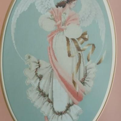 Framed cross stitch Angel with collection of Angel figures