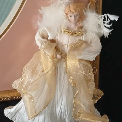 Framed cross stitch Angel with collection of Angel figures