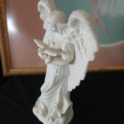 Framed cross stitch Angel with collection of Angel figures