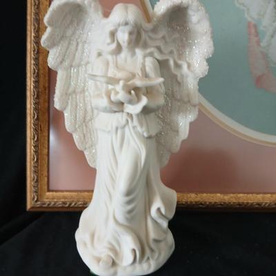 Framed cross stitch Angel with collection of Angel figures