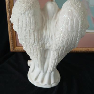 Framed cross stitch Angel with collection of Angel figures