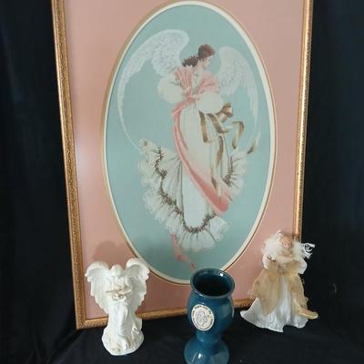Framed cross stitch Angel with collection of Angel figures