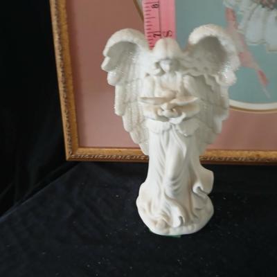 Framed cross stitch Angel with collection of Angel figures