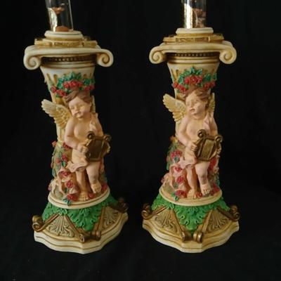 Matching Cherub angel candle sticks Victorian like, two Gregorian copper candles and two gold angel figures