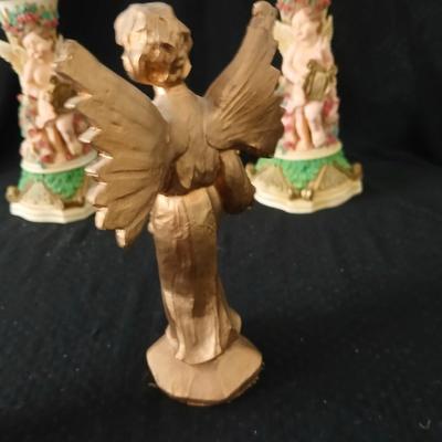 Matching Cherub angel candle sticks Victorian like, two Gregorian copper candles and two gold angel figures